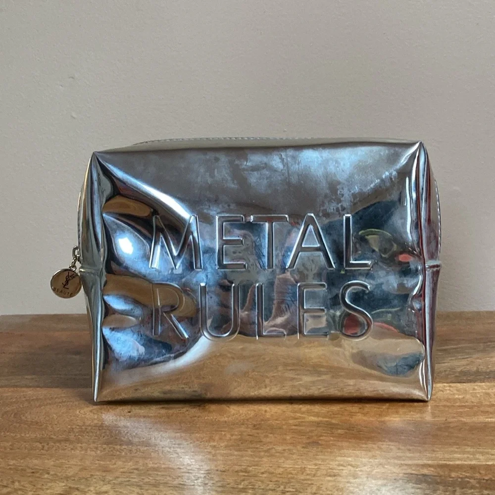 YSL Yves Saint Laurent Metal Rules Silver Metallic Makeup Travel Bag Case
